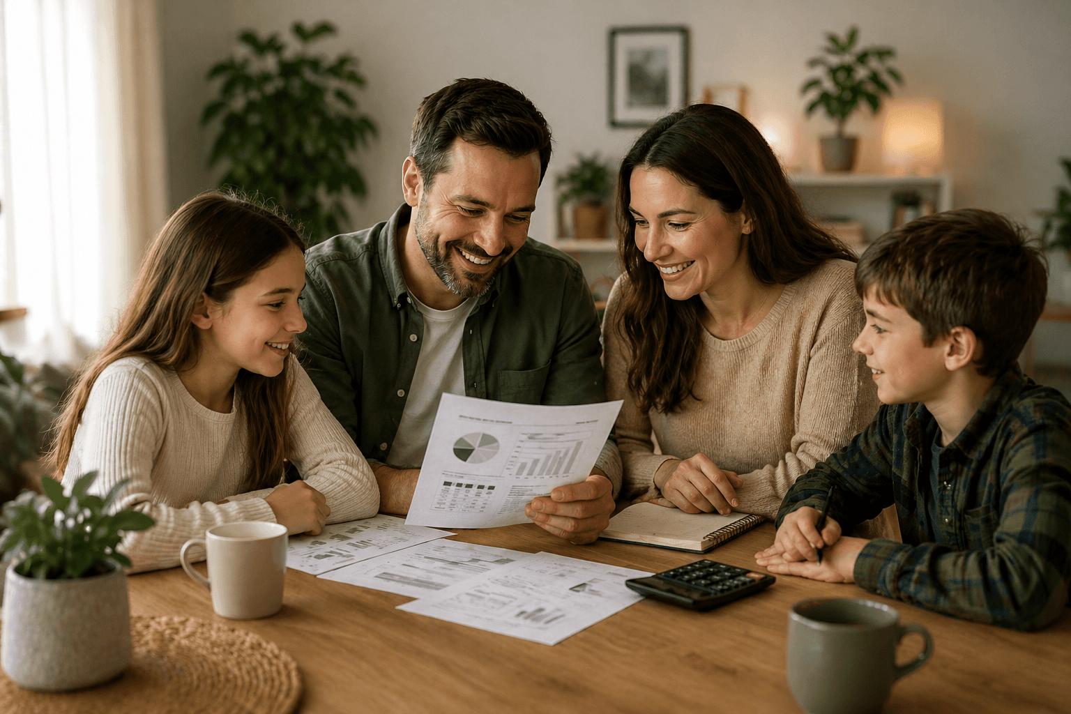 Família conversando sobre finanças domésticas
